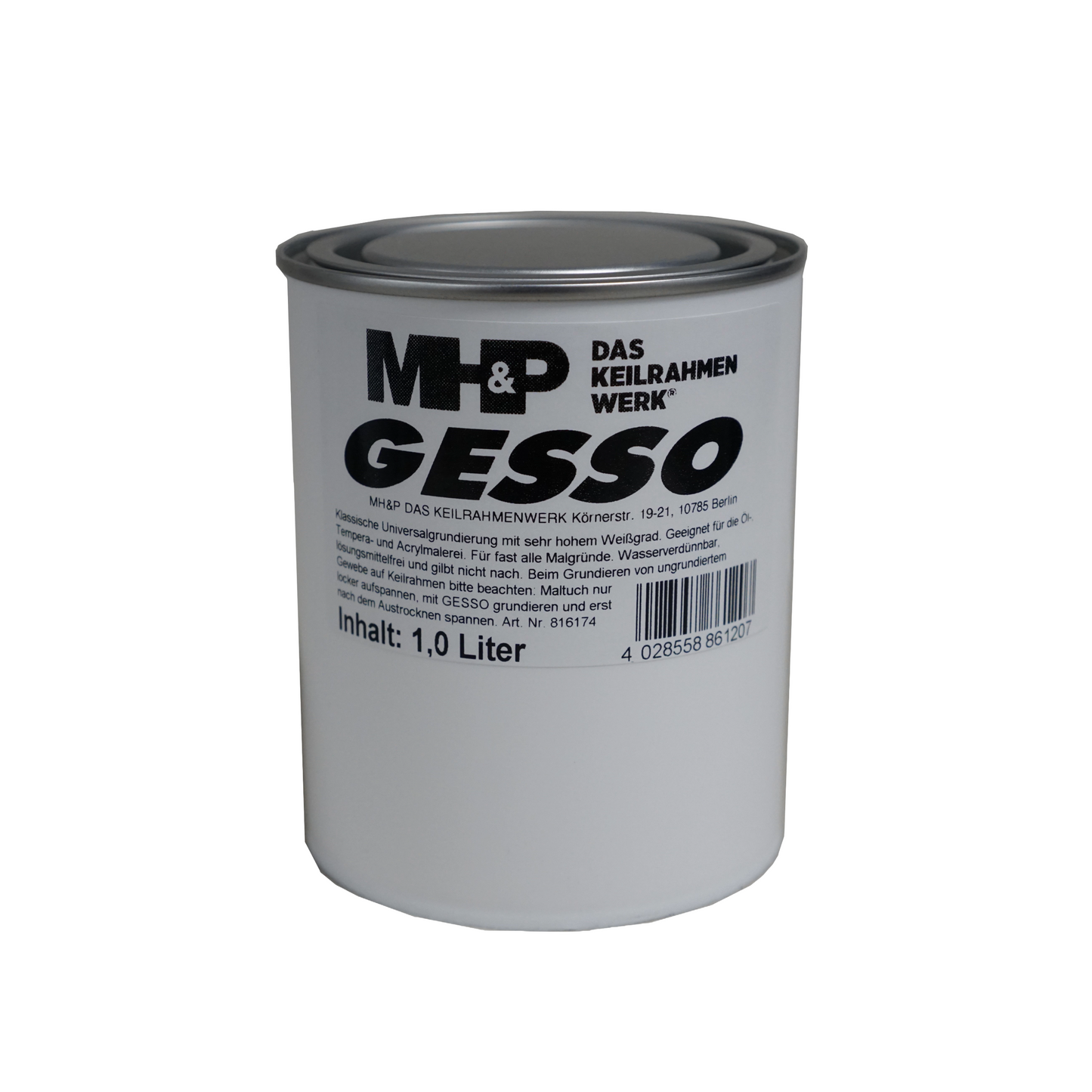 Eine Dose 1 Liter Gesso zum Leinwand Grundieren in weisser Farbe.