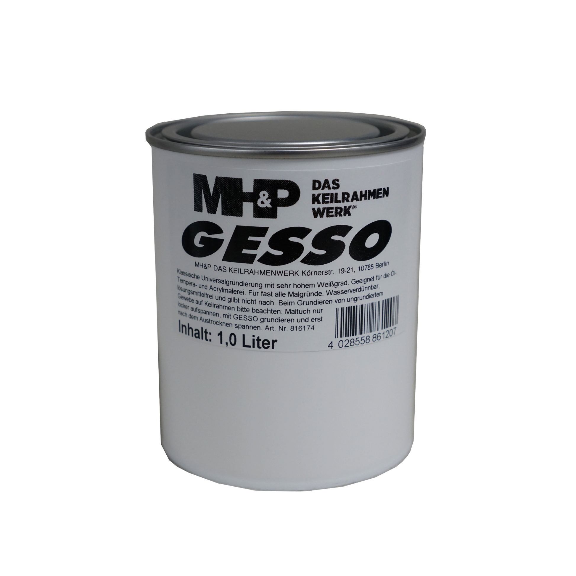 Eine Dose 1 Liter Gesso zum Leinwand Grundieren in weisser Farbe.