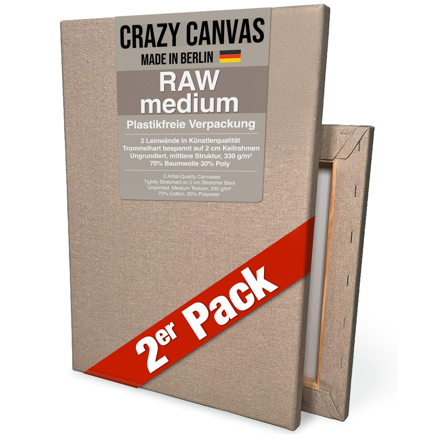 Stretched Canvas RAW Medium Cotton Unprimed, 2-Pack - Made in Germany