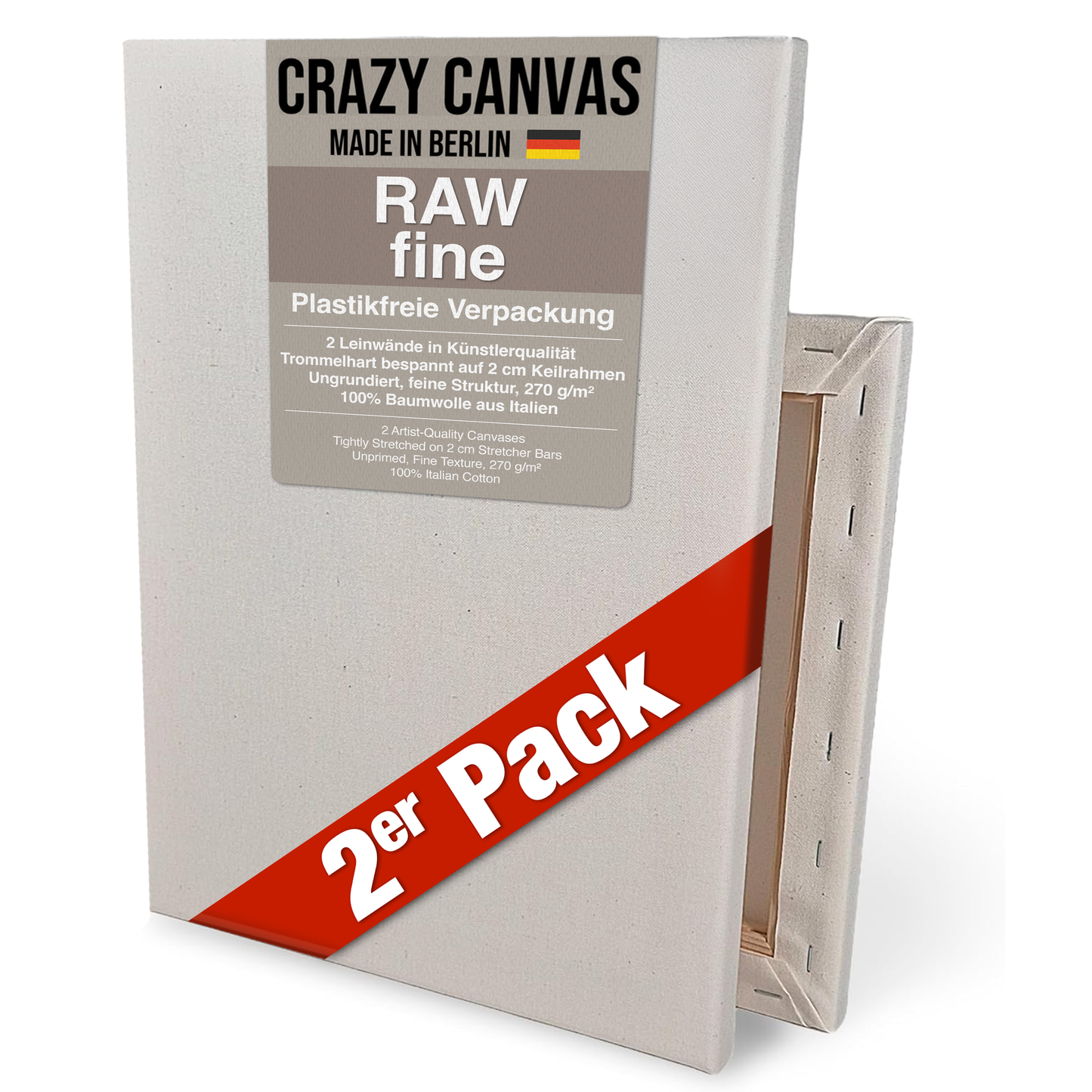 Bespannter Keilrahmen RAW Fine Baumwolle Ungrundiert, 2-Pack - Made in Germany